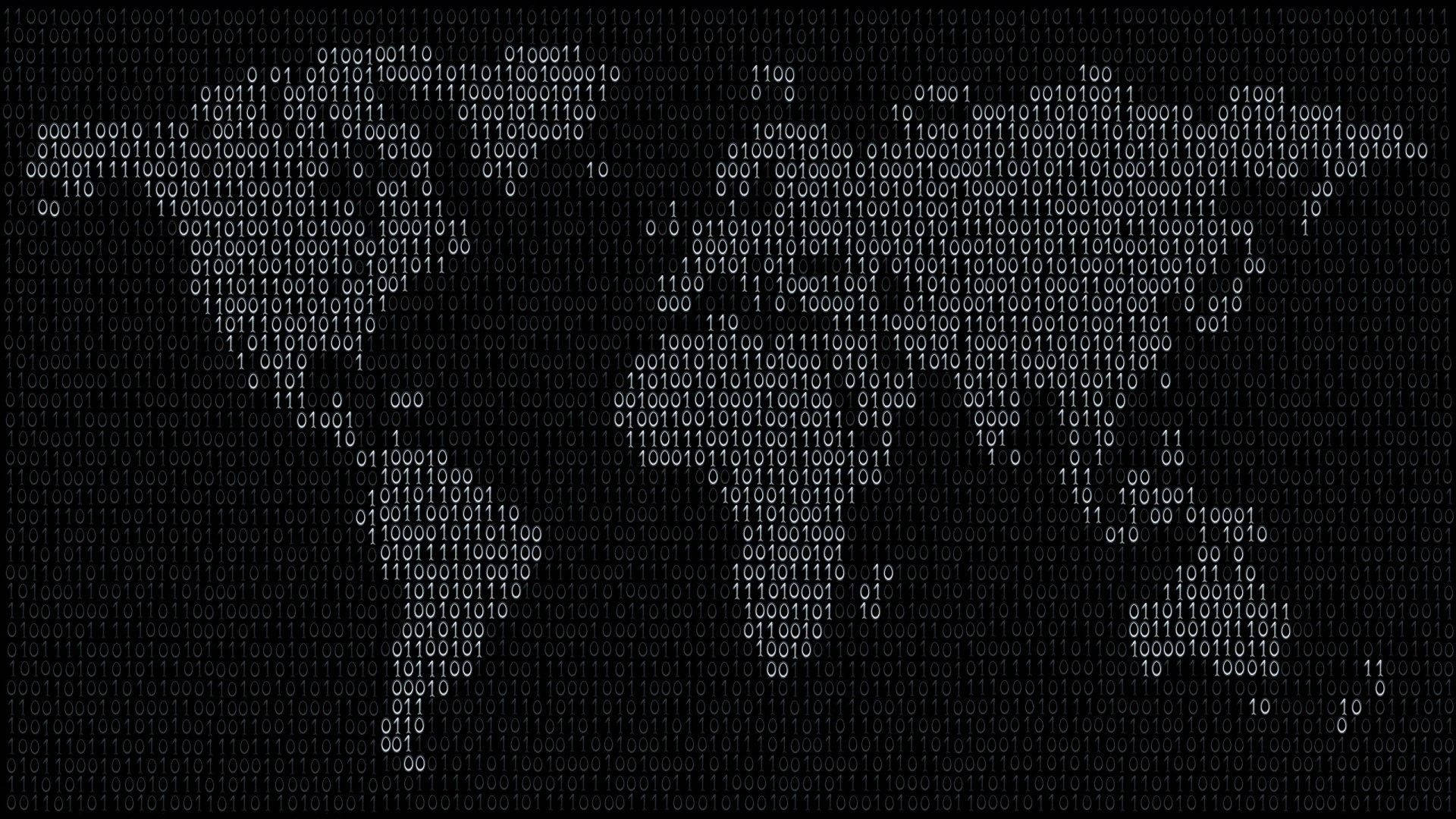 在黑暗屏幕上由二進制數字組成的世界地圖輪廓。