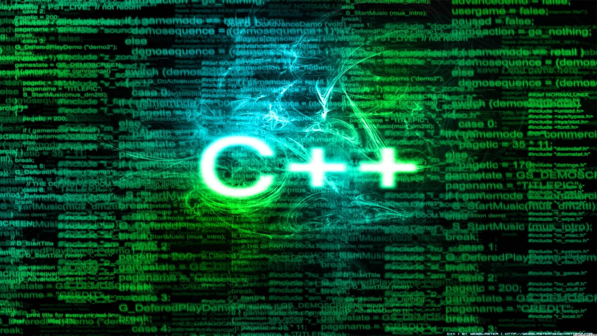 發光的C++標誌被層疊的程式碼環繞。