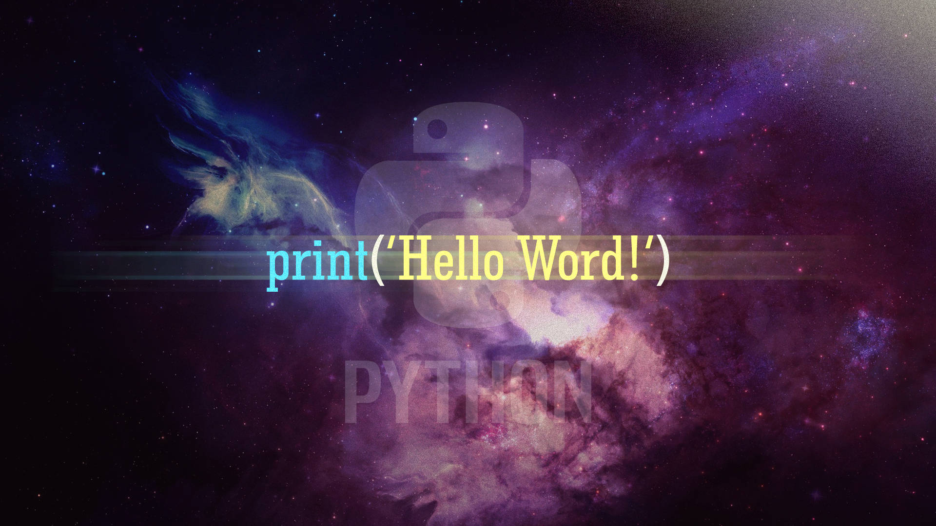 Python print Hello World 程式碼漂浮在色彩繽紛的宇宙星雲中。