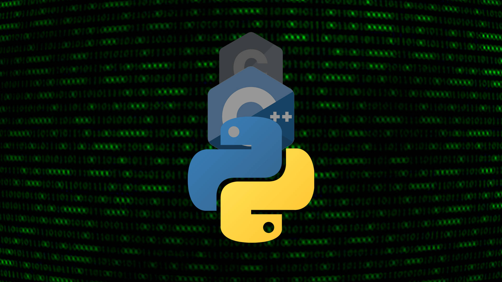 Python 和 C++ 程式設計標誌在綠色二進制代碼背景上。
