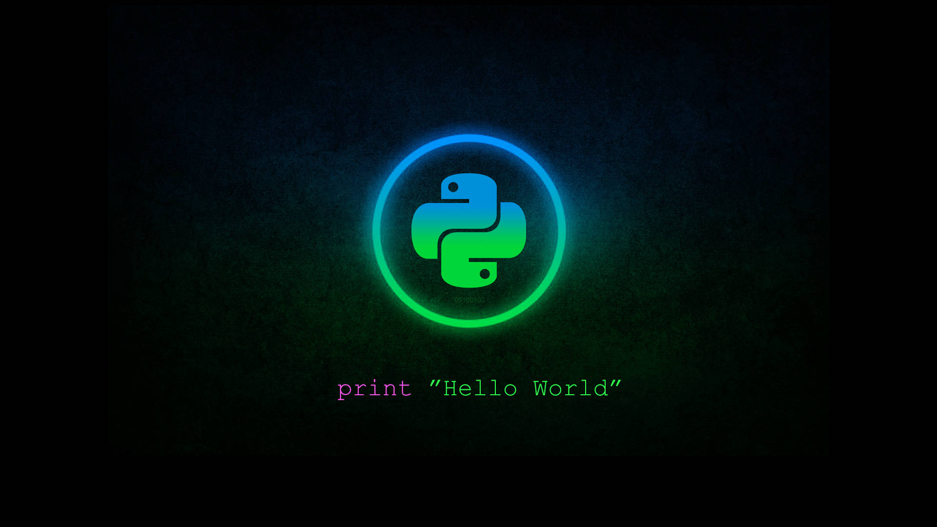發光的Python標誌，帶有'print Hello World'文字，置於深色背景上。