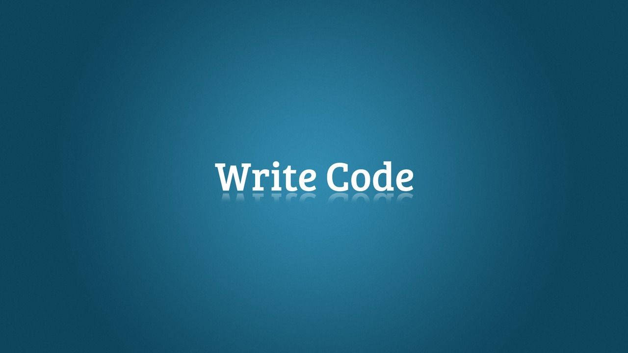 藍色背景，白色文字顯示「Write Code」，下方有反射。