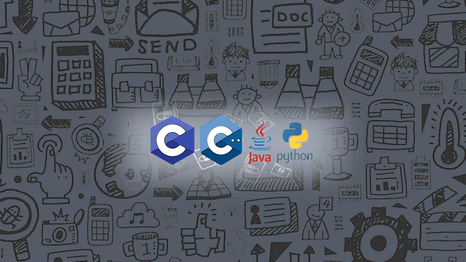C C Java 和 Python 的科技標誌居中於手繪編程塗鴉背景上。