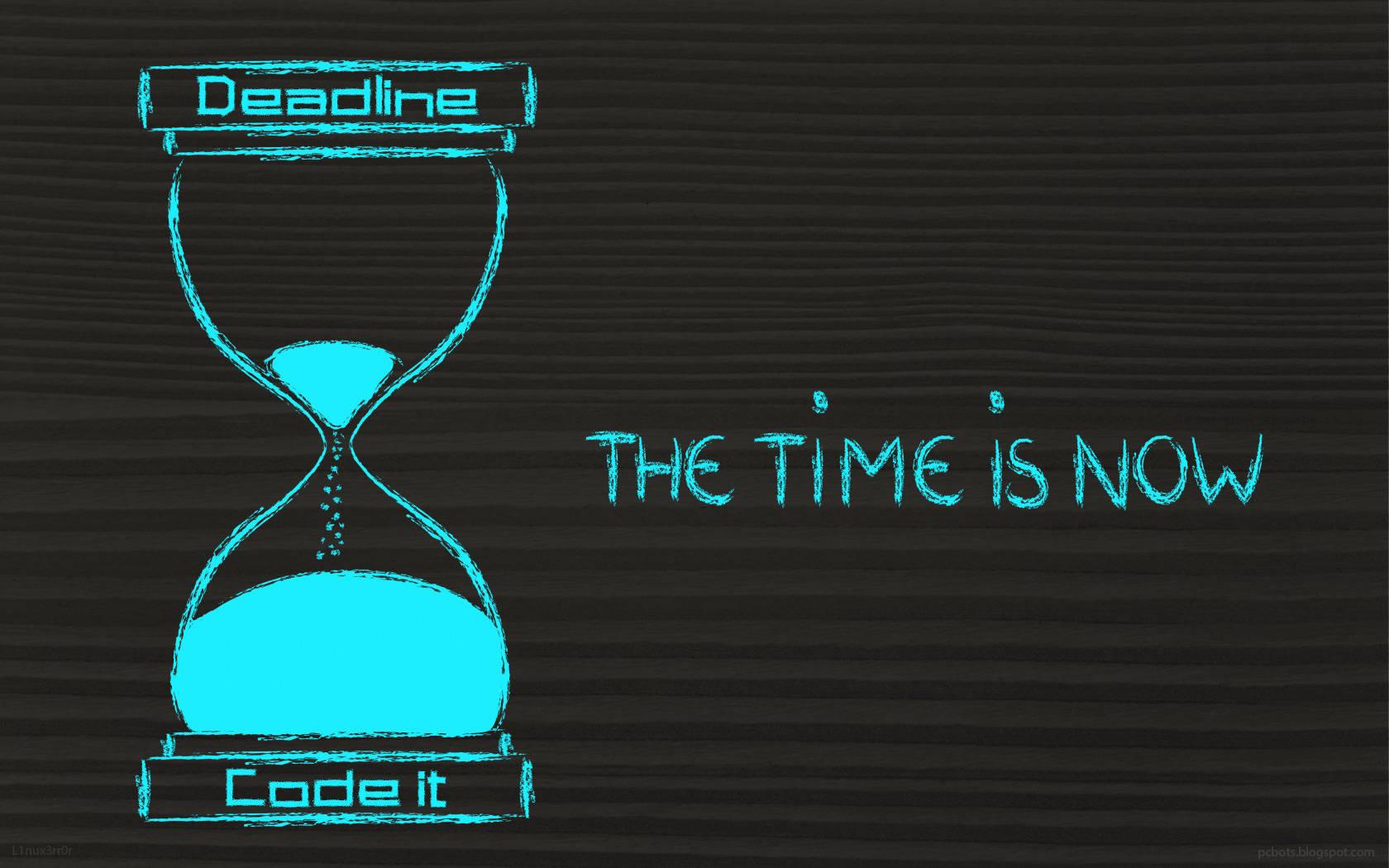 青色粉筆畫的沙漏，標有 Deadline 和 Code it，沙子流動，並有文字 THE TIME IS NOW。