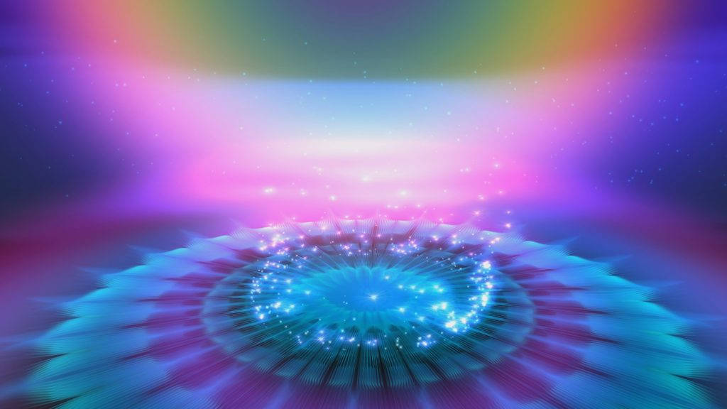 4K色彩萬花筒圓環 壁紙 — 一個發光的藍色曼陀羅從宇宙中心輻射出來，背景是夢幻的彩虹漸變天空。