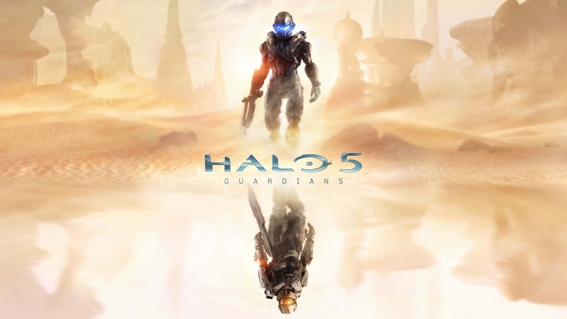 斯巴達戰士在沙漠中行走，帶有城市倒影和Halo 5 Guardians標誌。