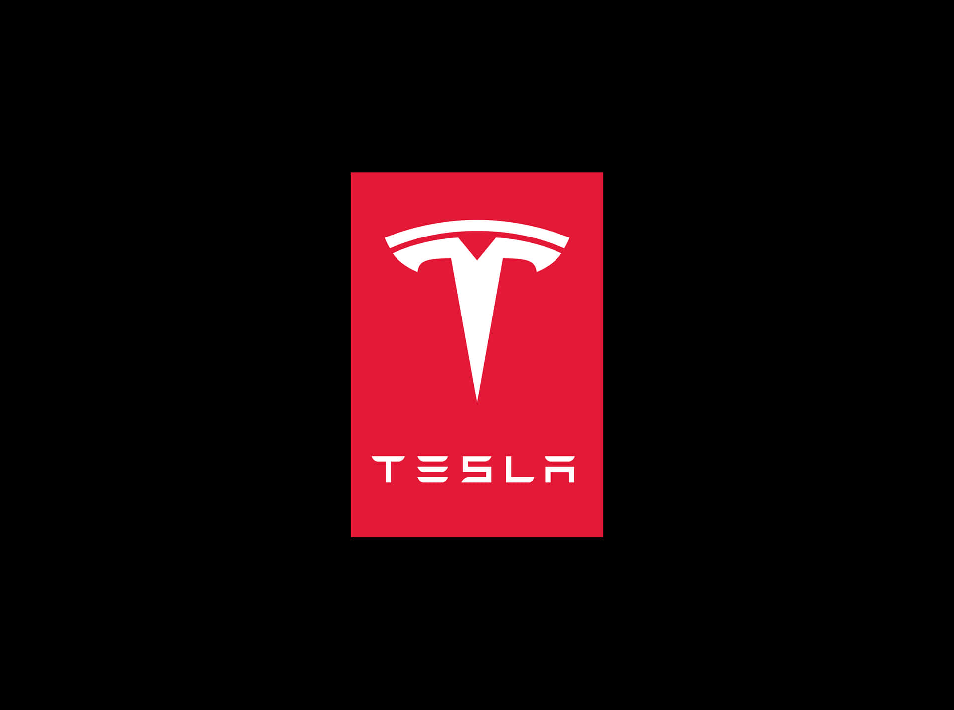 黑色背景上的Tesla標誌，帶有紅色正方形和白色文字