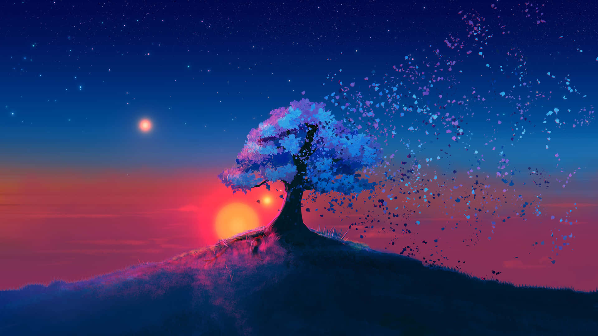 在色彩繽紛的夕陽和繁星點點的夜晚，山丘上一棵開著藍色花朵的樹。