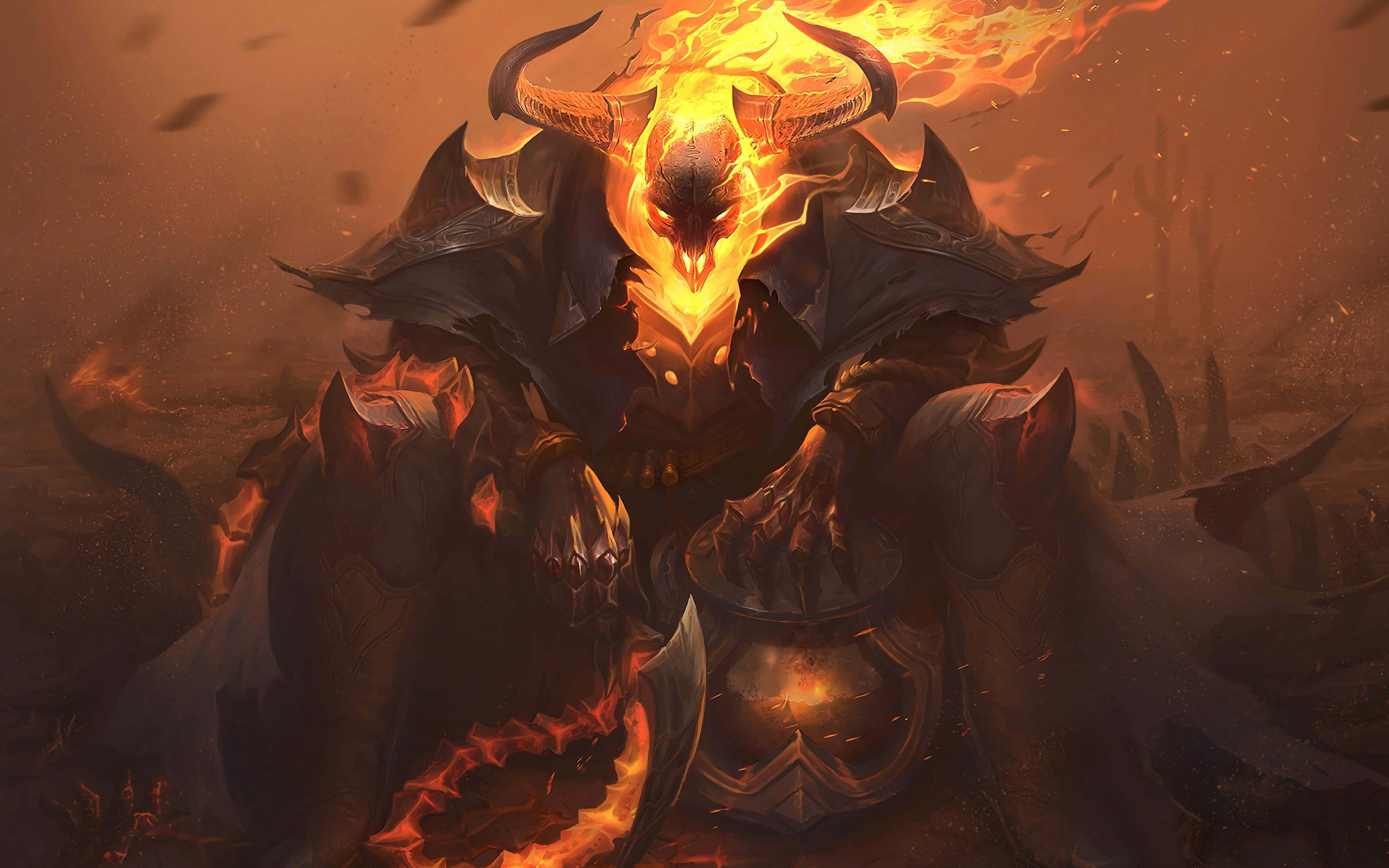 4K超高清《英雄聯盟》索拉卡怪獸 壁紙 — 一個燃燒的惡魔形象，帶有發光的橙色角和盔甲，在煙霧瀰漫的地獄景觀中威嚇地站立。