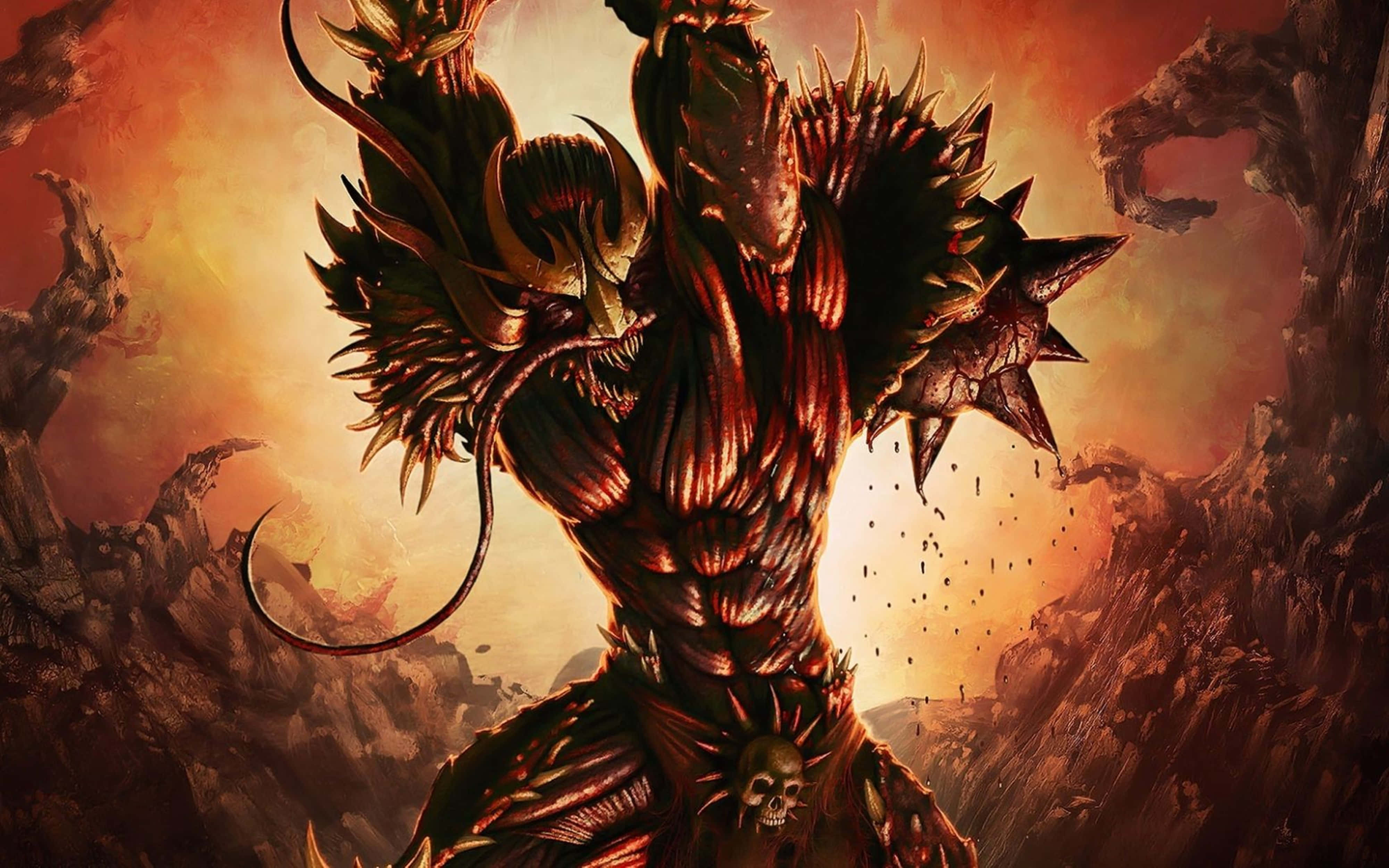 4K超高清尖刺怪獸 壁紙 — 一個高聳的惡魔般的人物，穿著尖刺盔甲，眼睛發光，挑釁地站在熾熱的日落天空前。