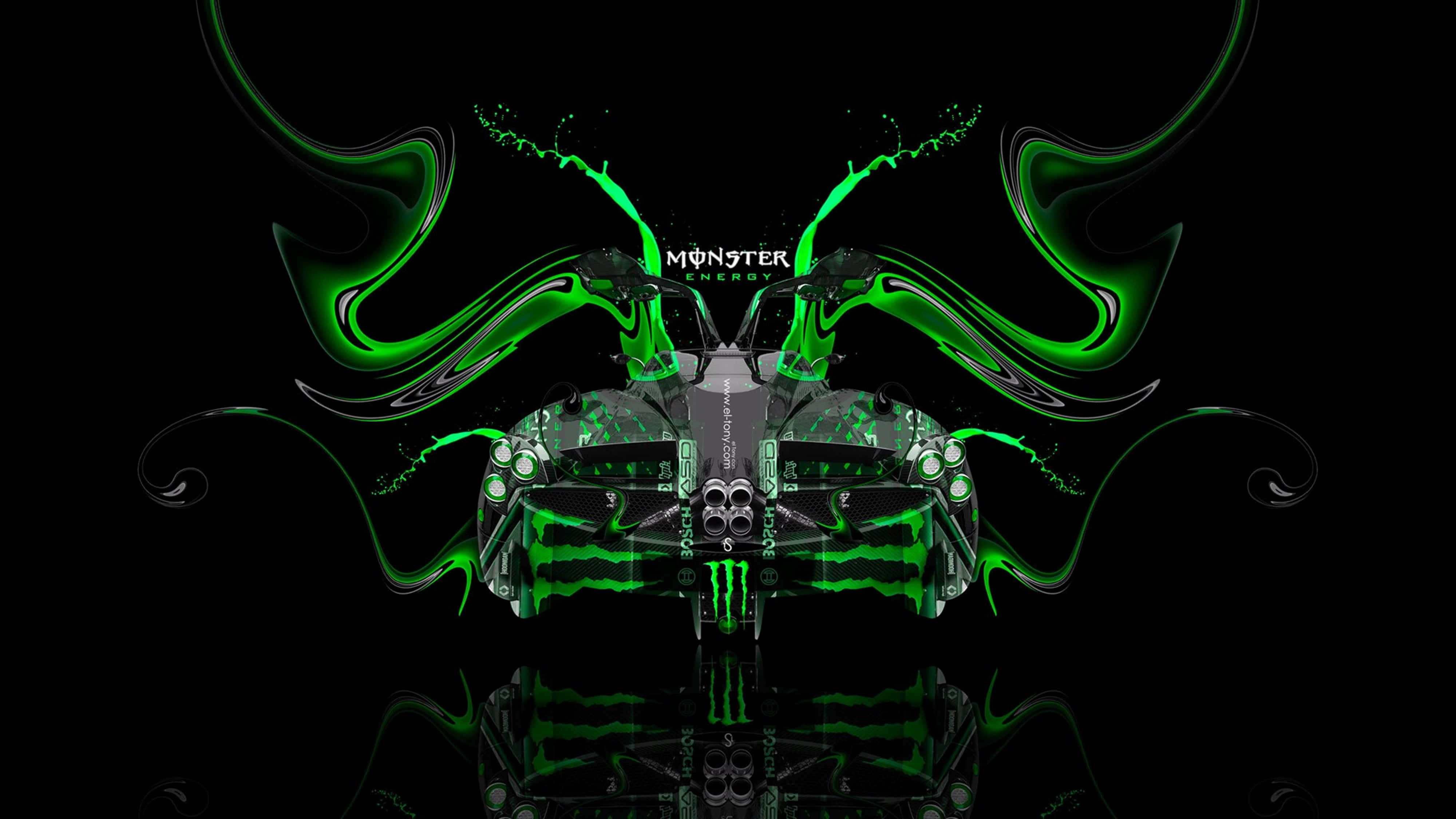 4K超高清怪獸能量 壁紙 — 一輛對稱的綠色Monster Energy電單車，在黑色背景上帶有旋轉的液體狀火焰。