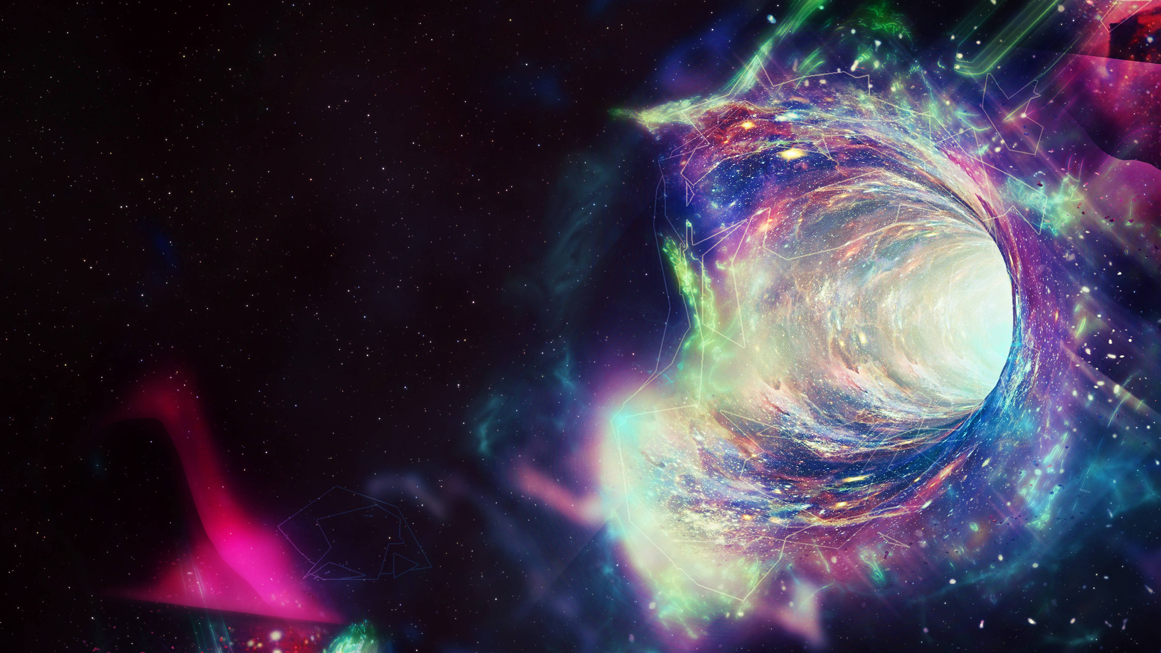 4K電腦壁紙：色彩繽紛的宇宙漩渦 壁紙 — 一個由霓虹星系和發光粒子組成的旋轉宇宙隧道，螺旋穿過星空的虛空。