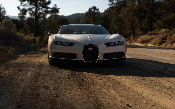 日落時分，銀色Bugatti Chiron停泊在森林山區的泥路上。