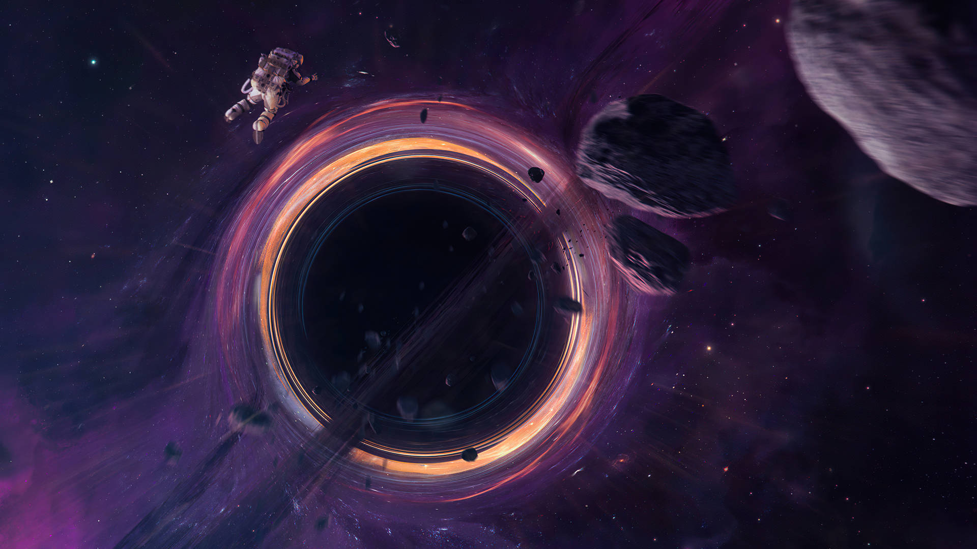 太空人在深空中漂浮在一個發光黑洞附近，伴有小行星。 — 黑洞 壁紙