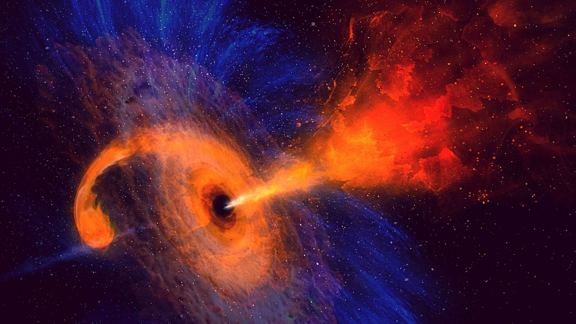 黑洞吸積物質並通過彩色星雲發射噴流