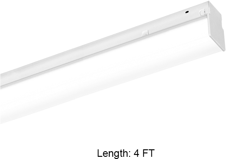 4英尺線性LED燈具 壁紙 — 一個時尚的白色螢光燈具，傾斜放置在黑色背景上，並附有標示其長度的文字。