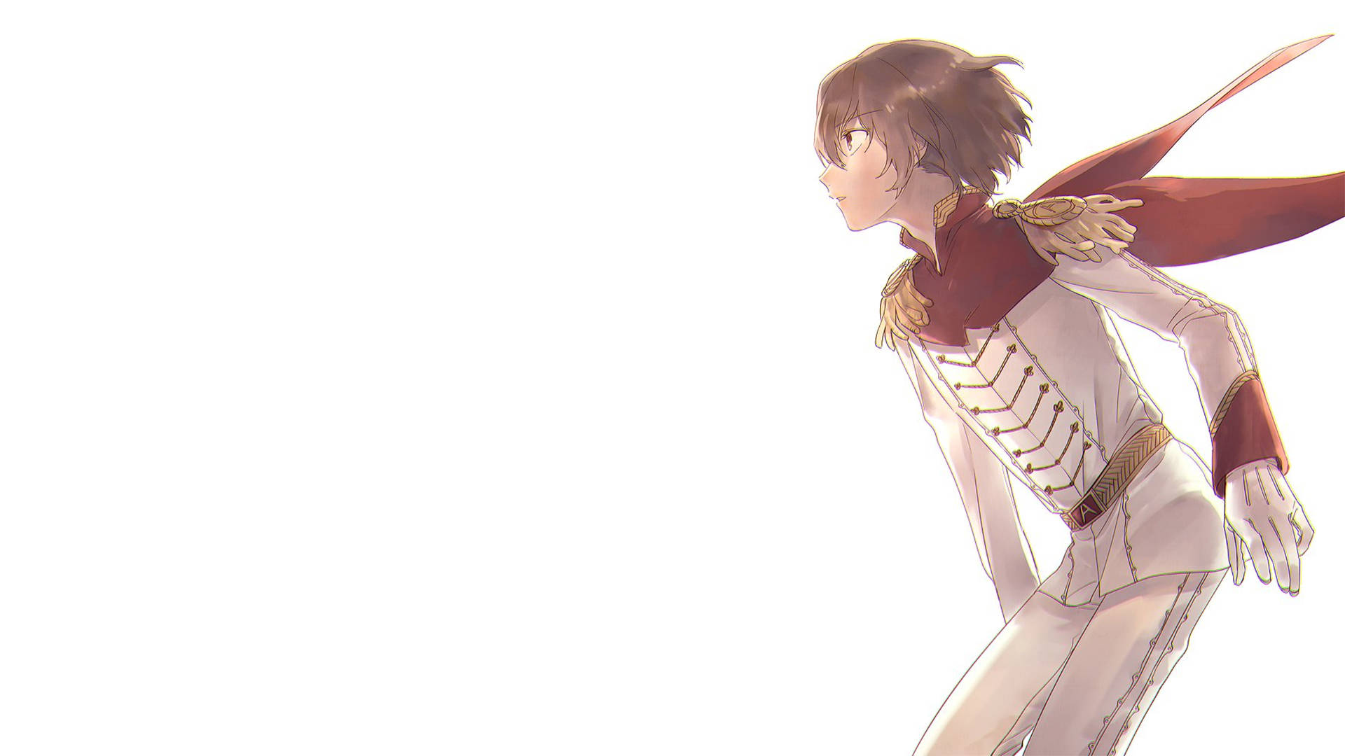女神異聞錄5 4K 青春之王 壁紙 — 身穿白色和紅色制服、披著飄逸斗篷的動漫角色，在純白色背景下側面站立。