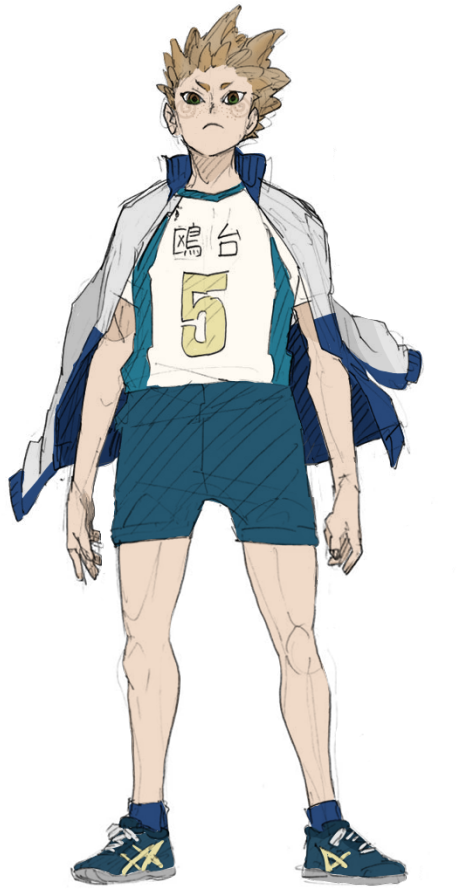 排球少年 背號 5 角色全身圖 壁紙 — 動畫男孩身穿排球制服，胸前有數字5和漢字，自信地站在黑色背景前。
