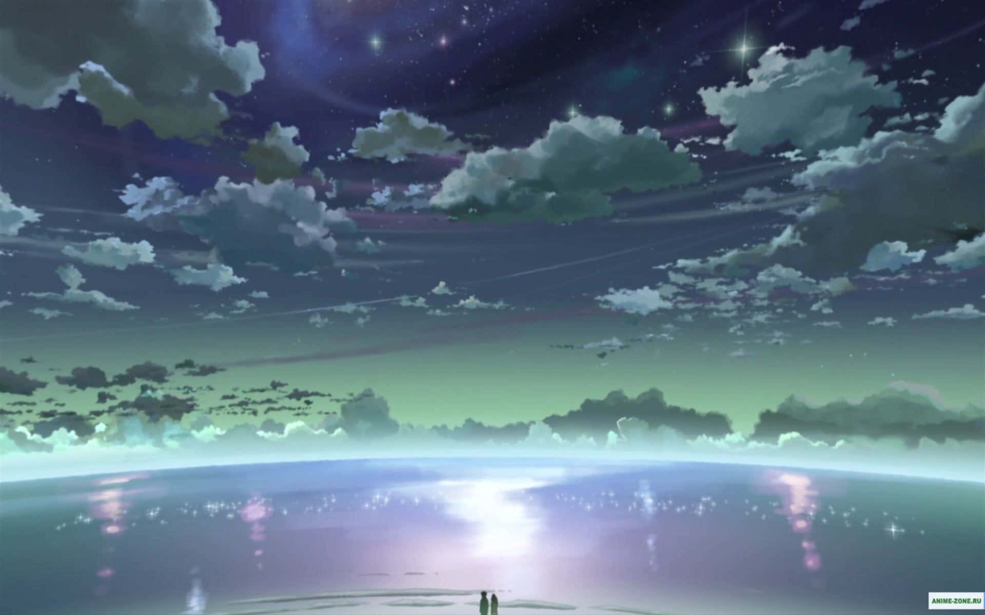 兩個人站在發光的海岸上，下方是繁星點點的暮色天空，帶有柔和的雲彩。