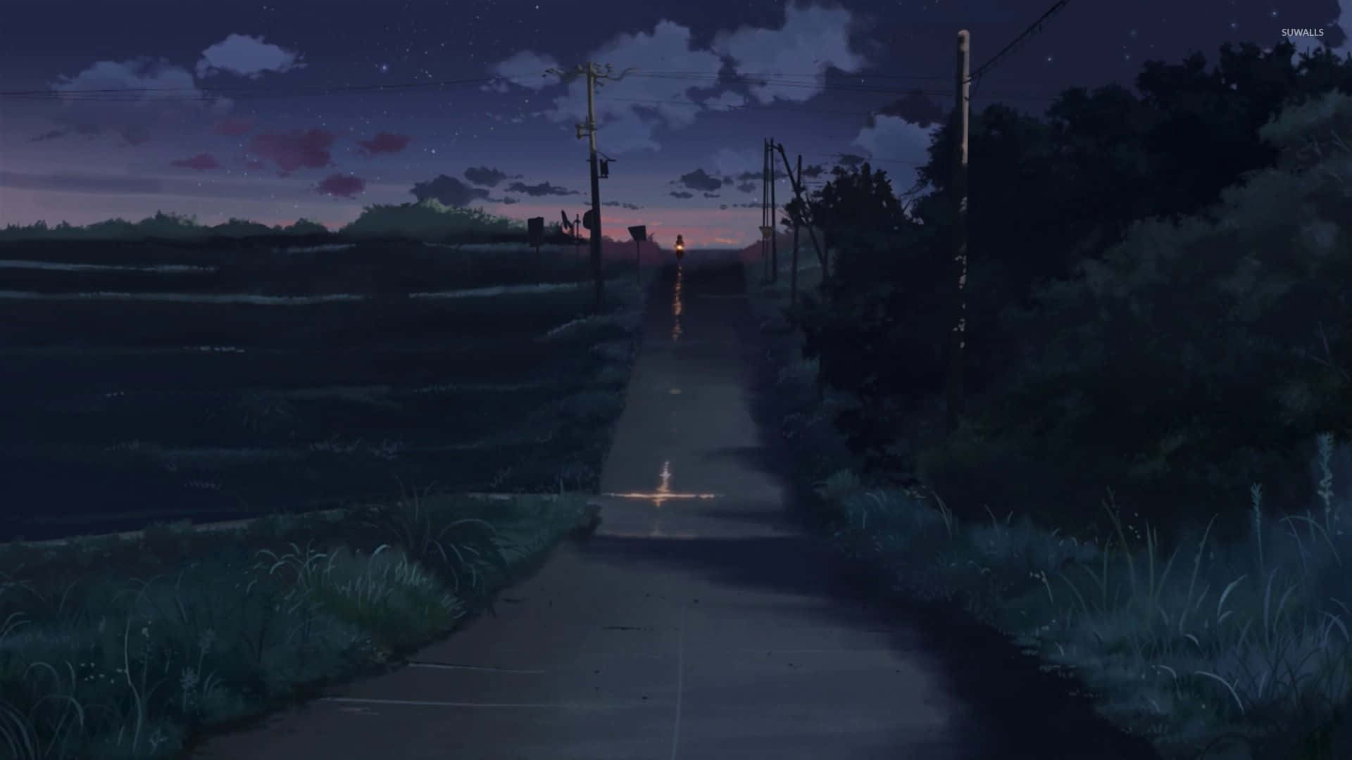 一個孤獨的身影在星空下沿著黃昏的鄉村道路行走。