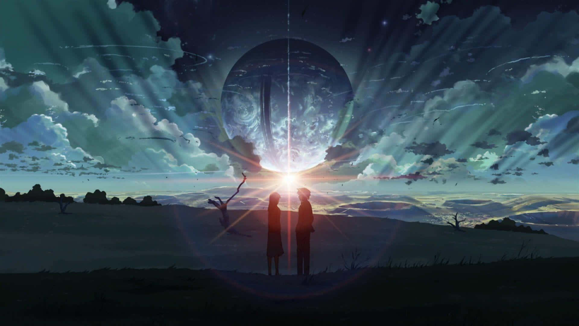 兩個人站在一起，看著一個發光的宇宙球體在暮色景觀上升起。
