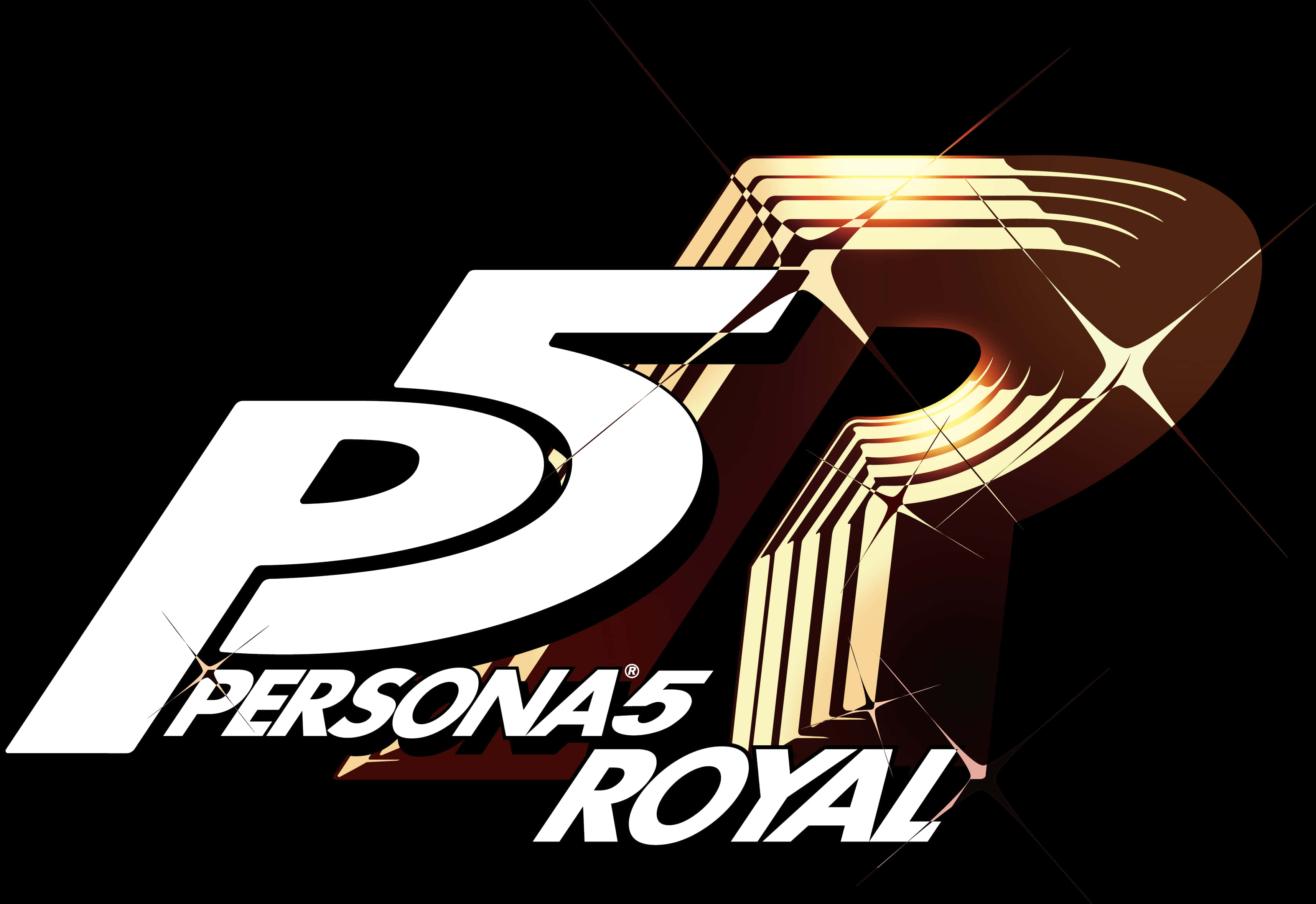 熱門遊戲系列《女神異聞錄5》的標誌 壁紙 — Persona 5 Royal 標誌在漆黑的背景上閃耀著金色金屬條紋，並帶有閃爍的光效。