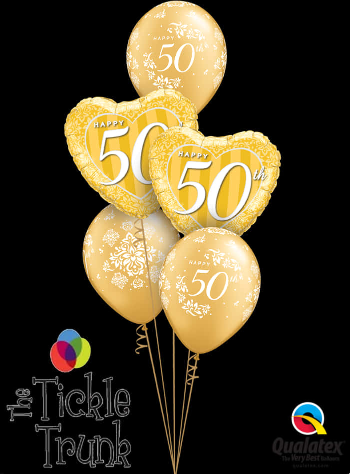 金色50週年慶祝氣球 壁紙 — 金色氣球帶有 'Happy 50th' 文字和花卉圖案，在黑色背景上漂浮。