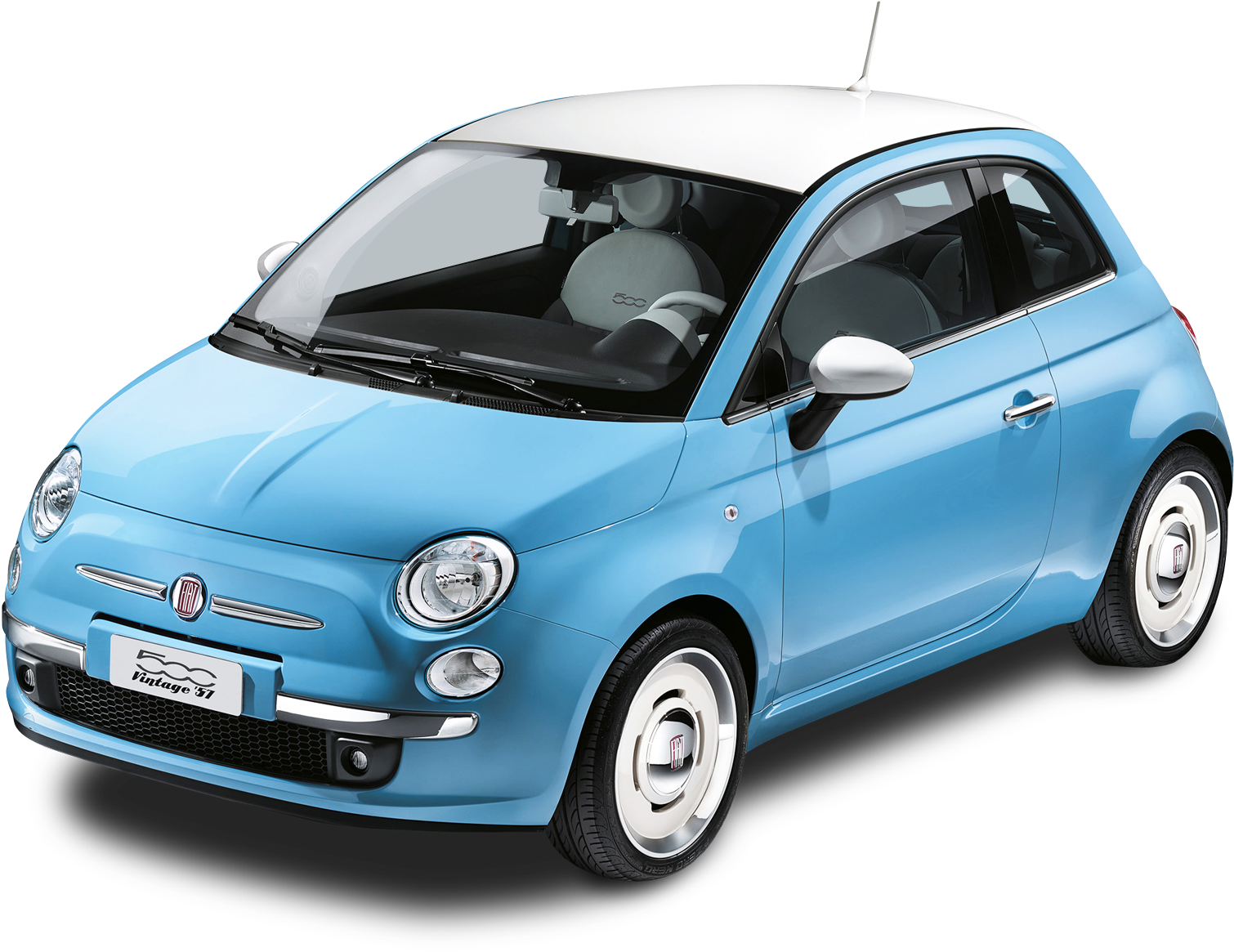藍色經典菲亞特500 壁紙 — 一輛淺藍色Fiat 500 Vintage 54，白色車頂和經典車輪，在黑色背景下的工作室燈光中展示。