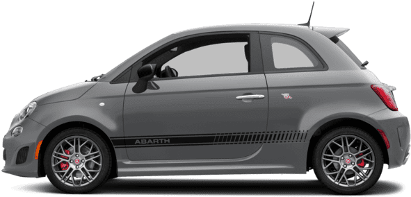 灰色菲亞特500 Abarth側視圖 壁紙 — 一輛時尚的灰色Fiat 500 Abarth跑車側面展示，帶有紅色制動卡鉗和黑色賽車條紋。