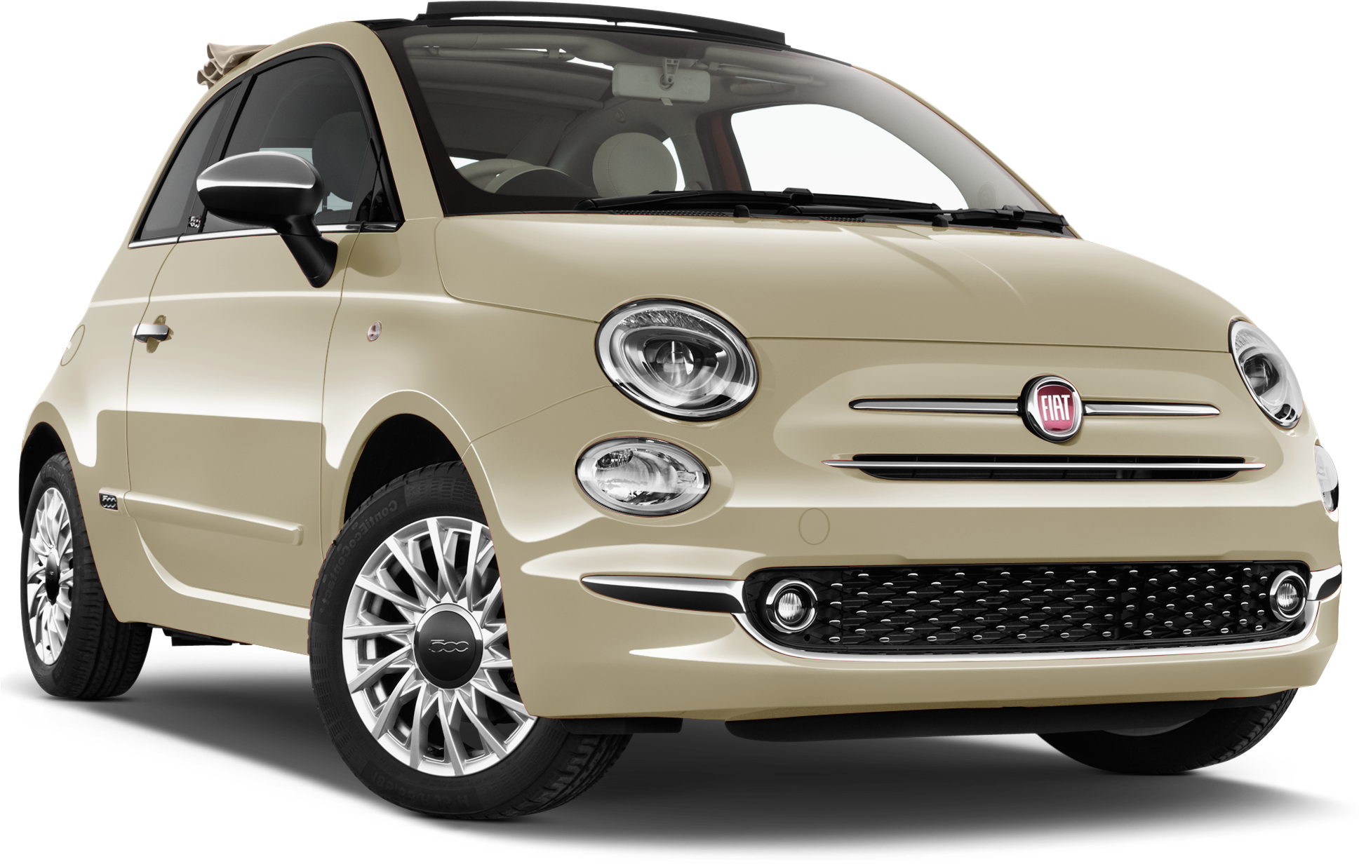 米色菲亞特500側面視圖 壁紙 — 一輛米色Fiat 500汽車，配備銀色輪圈和圓形頭燈，在黑色背景下的工作室拍攝。