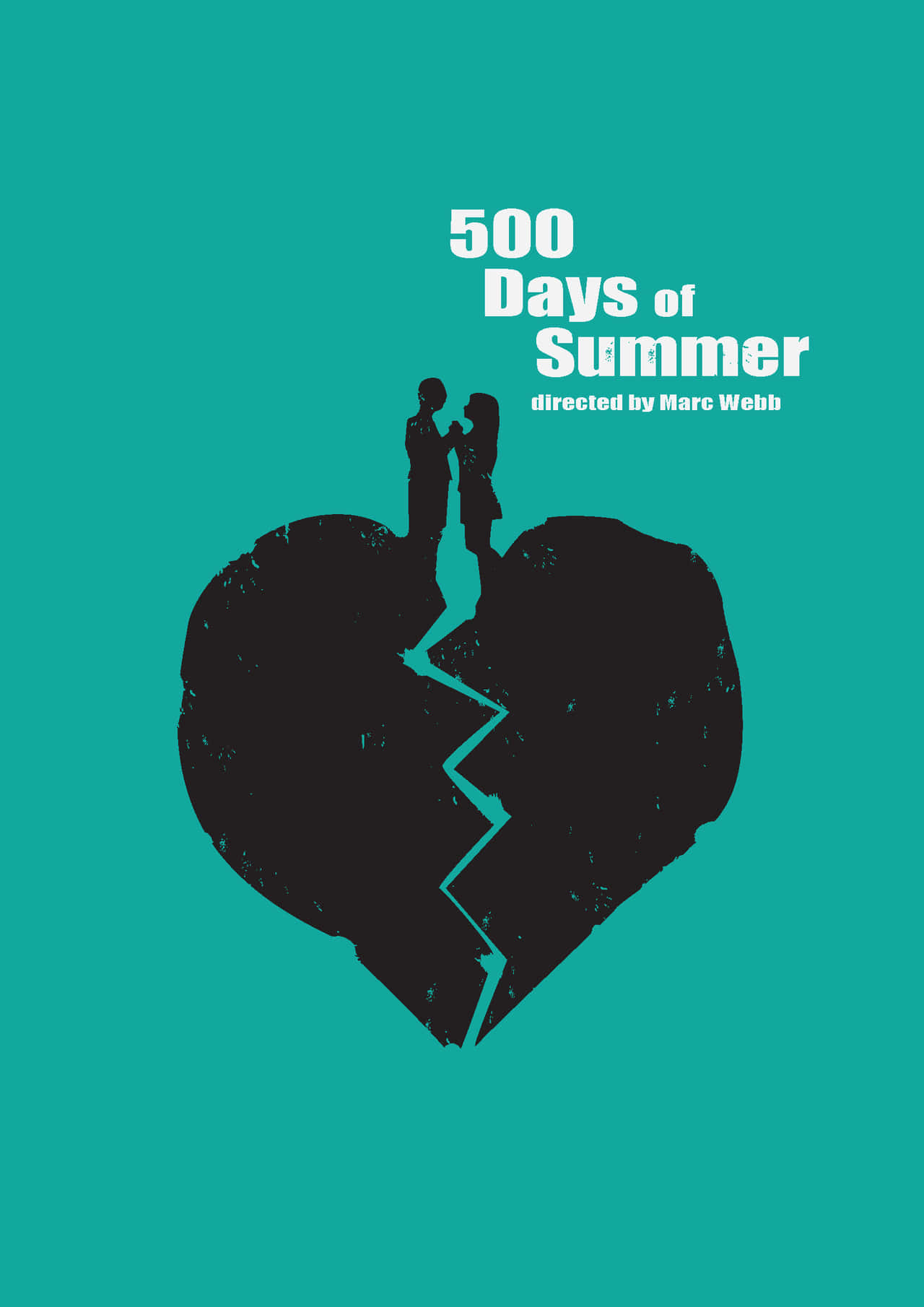 在《心跳500天》的青綠色電影海報中，兩個人站在破碎的心上。