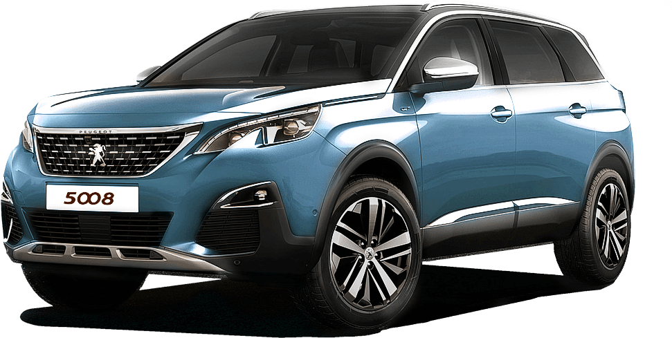 藍色標致5008 SUV 壁紙 — 時尚的淺藍色Peugeot 5008 SUV在黑色背景的攝影棚照片中展示，帶有反光鍍鉻裝飾。