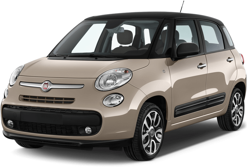 米色菲亞特500L都市車 壁紙 — 米色Fiat 500L緊湊型汽車，黑色車頂和銀色輪圈，在黑色背景的影樓燈光下展示。