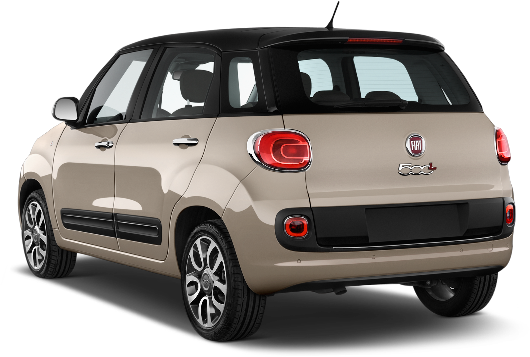 奶油色菲亞特500L後視圖 壁紙 — 一輛米色Fiat 500L緊湊型汽車，從後方四分之三角度展示，黑色背景，紅色尾燈。