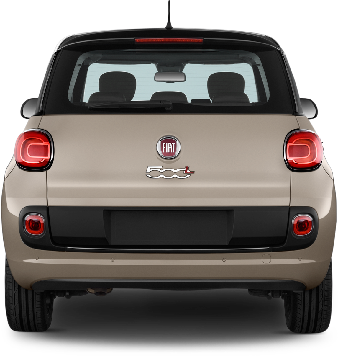 米色菲亞特500L後視圖 壁紙 — 黑色背景上，米色Fiat 500L緊湊型汽車的後視圖，帶有紅色尾燈和黑色飾條。