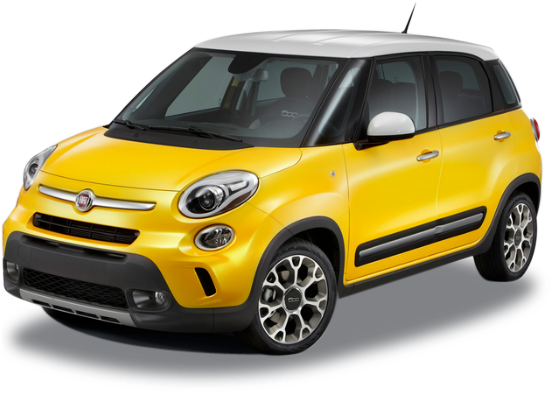 黃色菲亞特500L跨界車 壁紙 — 一輛亮黃色Fiat 500X SUV，白色車頂和銀色車輪，在工作室燈光下展示。