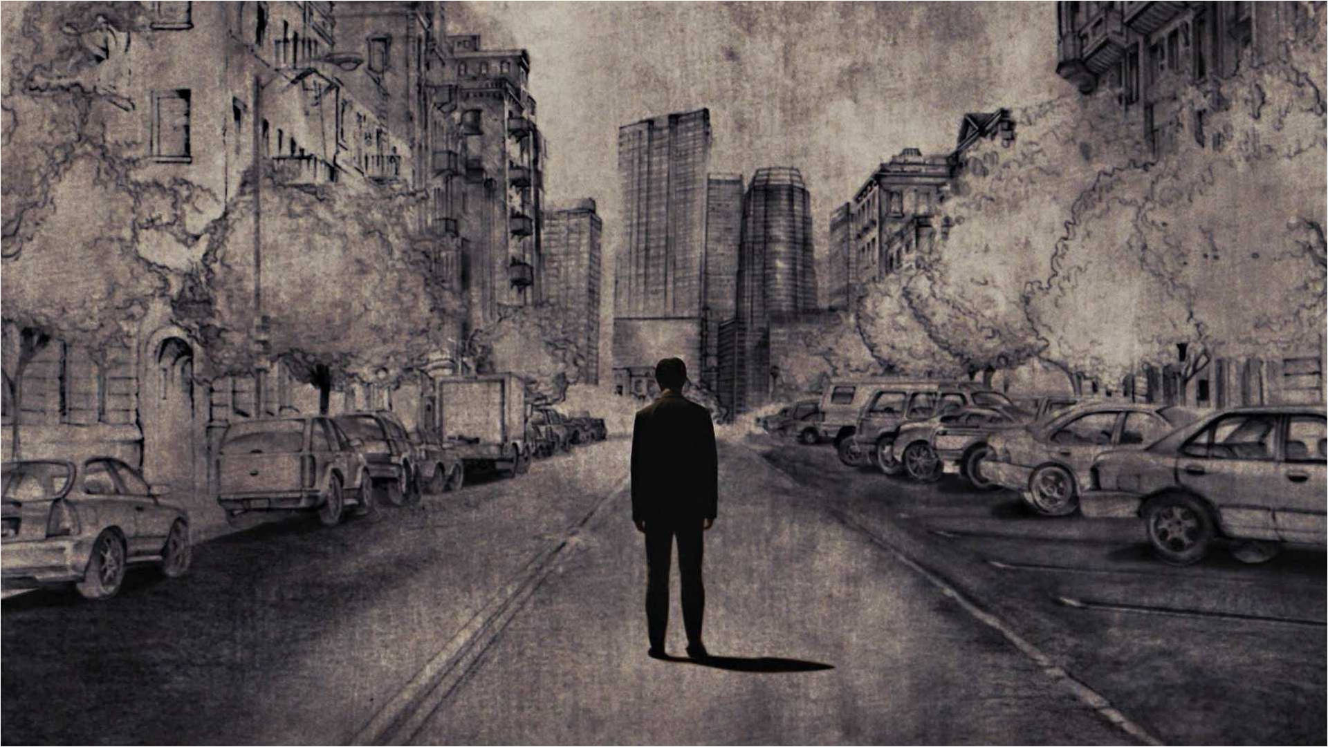 一個孤獨的男子在充滿廢棄汽車和破舊建築的街道上行走。
