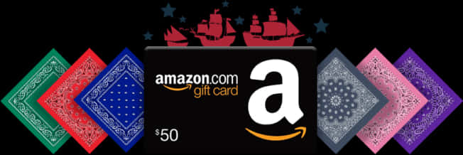 帶裝飾背景的50美元Amazon禮品卡 壁紙 — 一張 50 美元亞馬遜禮品卡，置於色彩繽紛的頭巾中，頭巾上有海盜船和星星。