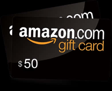 50美元Amazon禮品卡 壁紙 — 兩張黑色Amazon禮品卡，帶有橙色標誌和$50價值，顯示在深色背景上。