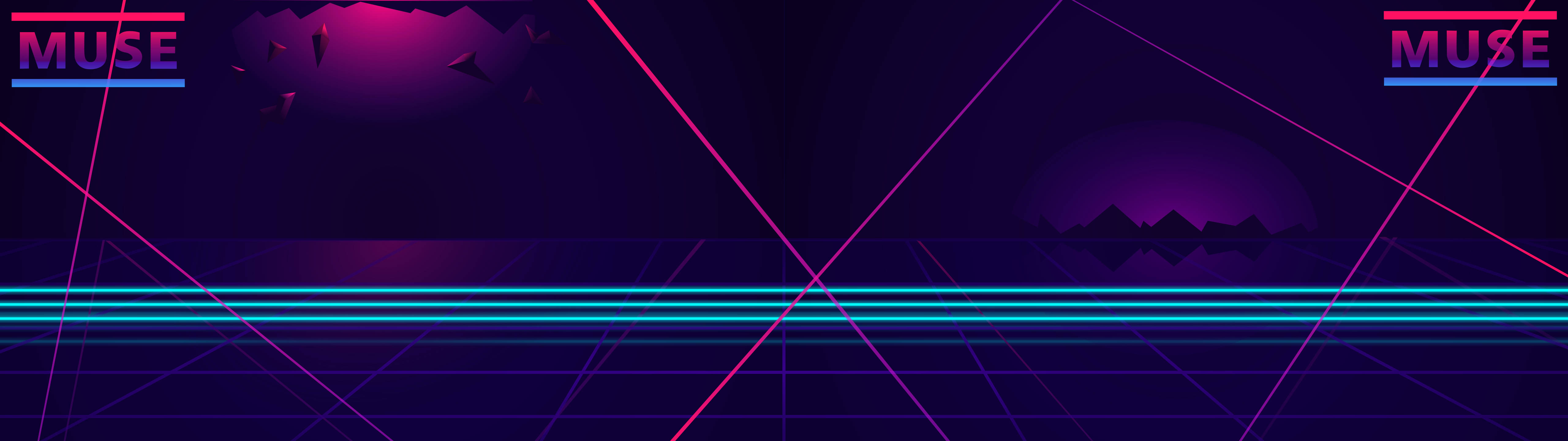 5120X1440 純色霓虹紫 壁紙 — 充滿活力的霓虹網格和幾何線條在深紫色復古未來主義夜空中發光，並有漂浮的三角形。