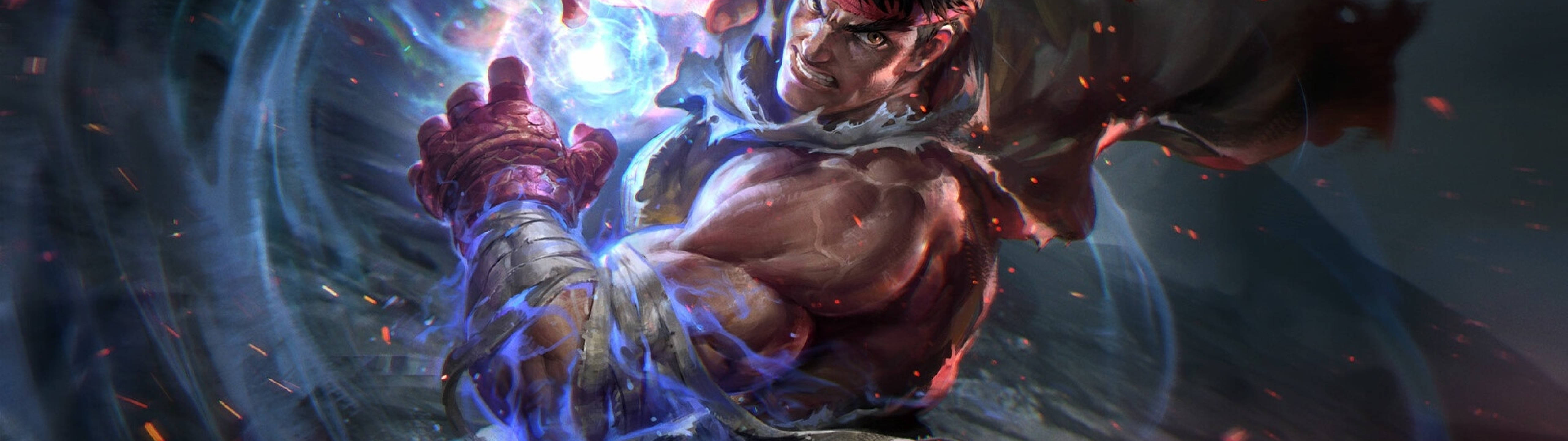 街頭霸王 龍 5120x1440 壁紙 — 一個肌肉發達的戰士在一個充滿火花的動態動漫戰鬥場景中引導發光的藍色能量。