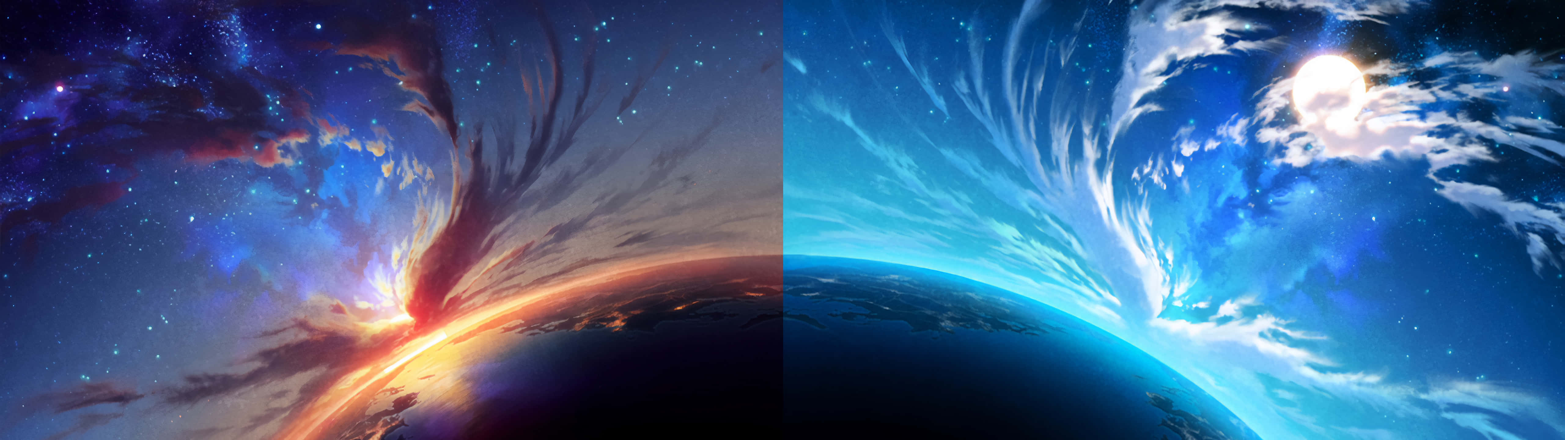 雙螢幕 5120x1440：工作與娛樂的完美結合 壁紙 — 一個分裂的宇宙景觀顯示出一個熾熱星雲在行星彎曲的地平線上爆發，旁邊是寧靜的藍天，有發光的月亮和縷縷雲彩。