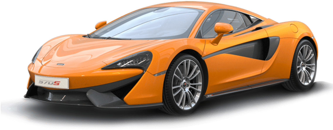 橙色麥拉倫570S側面視圖 壁紙 — 一輛充滿活力的橙色McLaren 570S跑車，帶有黑色飾邊和銀色輪圈，在工作室拍攝中展示。