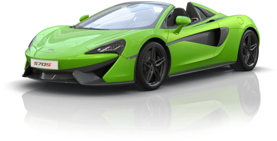 綠色麥拉倫570S Spider側面視圖 壁紙 — 一輛充滿活力的青檸綠色McLaren 570S跑車，帶有黑色飾邊，在深色表面上呈現光澤反射。