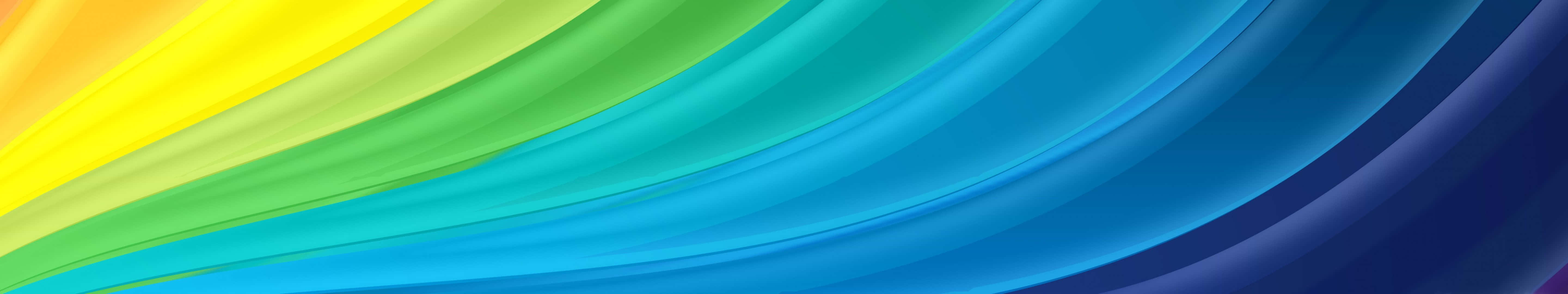 動態抽象背景，帶有從黃色到藍色的流動彩色絲帶。 — 5760x1080 壁紙 壁紙