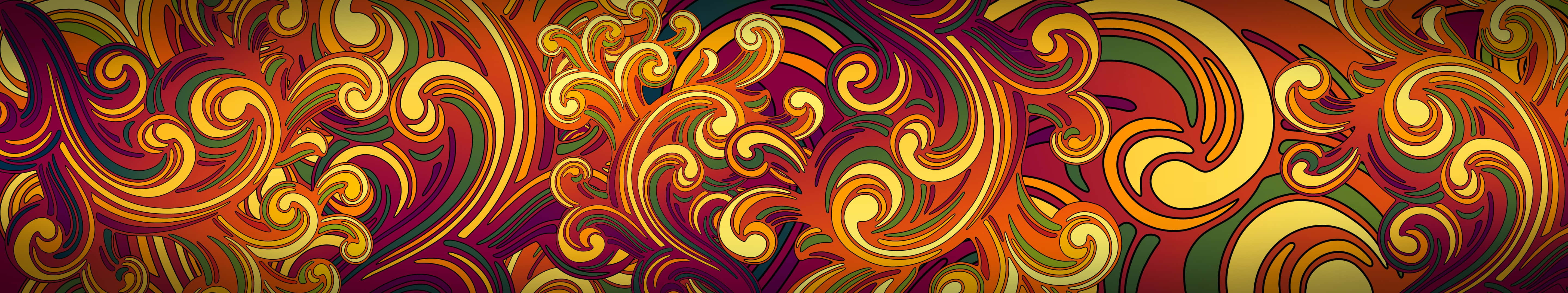 抽象壁紙，在深色背景上呈現火熱橙色和金色的漩渦圖案。