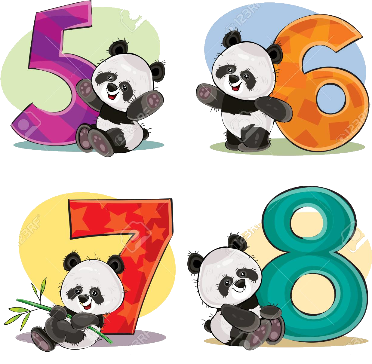 數字5至8的可愛動畫熊猫 壁紙 — 四隻快樂的卡通熊貓，每隻坐在一個從五到八的彩色幾何數字旁邊。