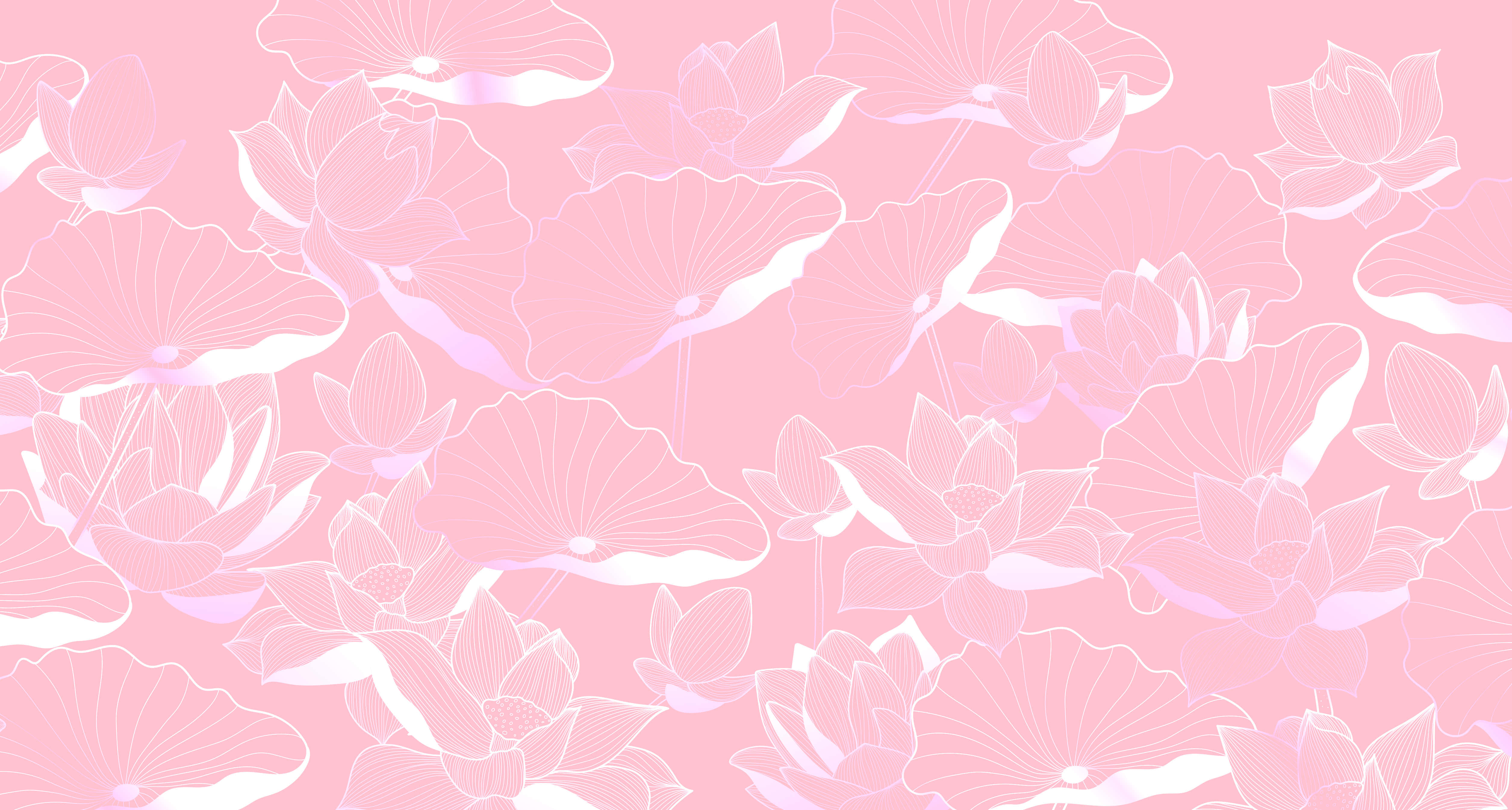5K 粉色美學桌面背景 壁紙 — 柔軟的粉紅色背景，飾有精緻的白色輪廓蓮花和葉子，形成重複圖案。