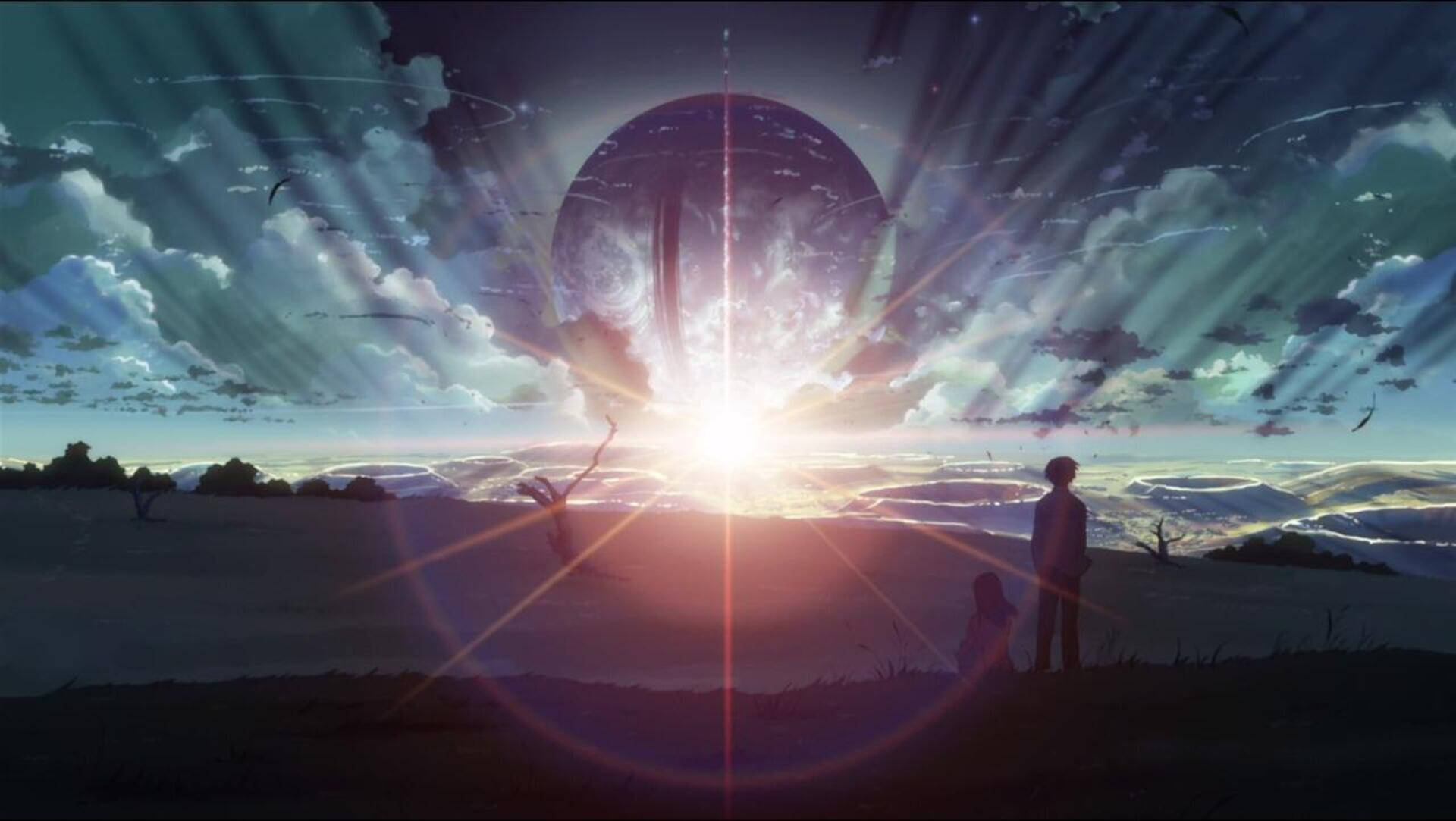 兩個人站在山丘上，看著一顆發光的行星在日落時升起。