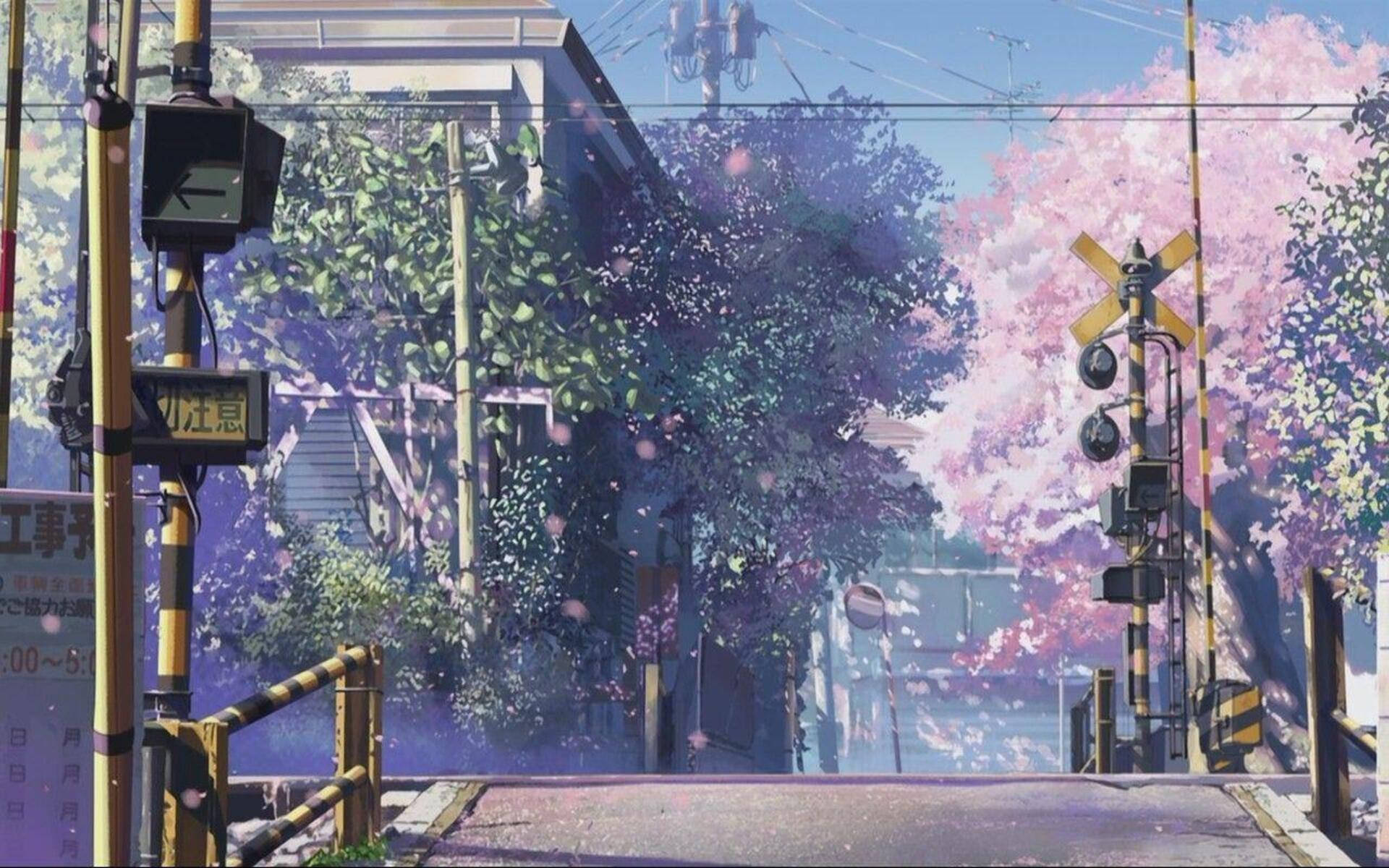 櫻花在鐵路平交道附近的寧靜日本街道上飄揚。